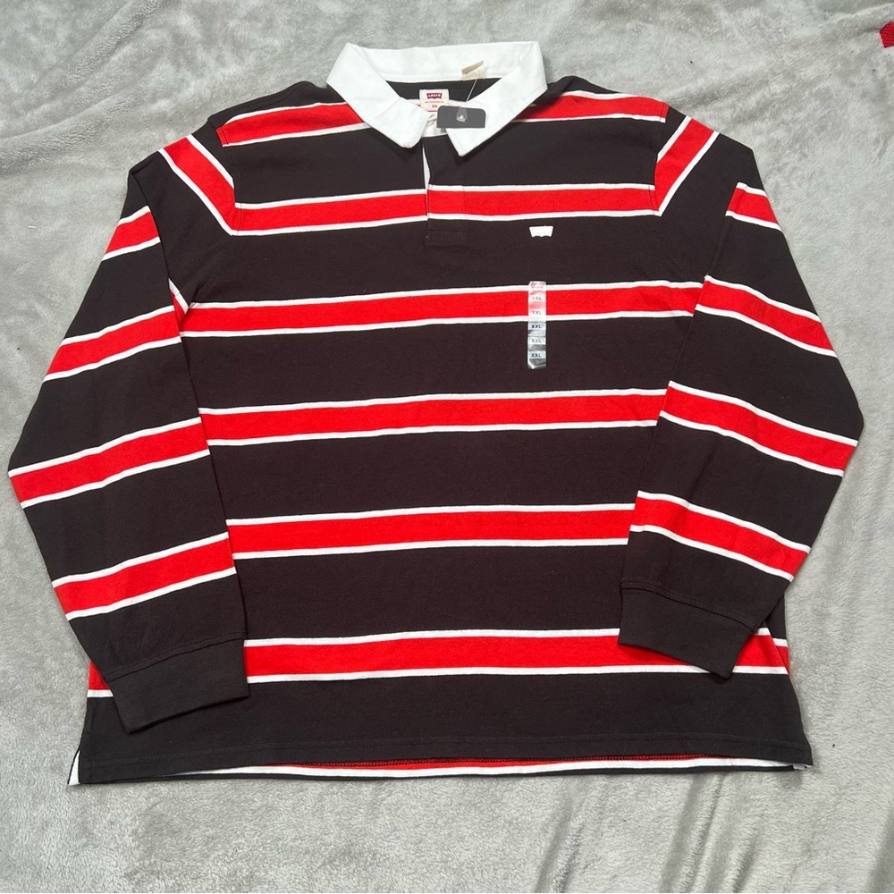 Levi Heavyweight Knit Rugby L/S Polo Shirt Men 2XL Relaxed Striped Brown/Orange